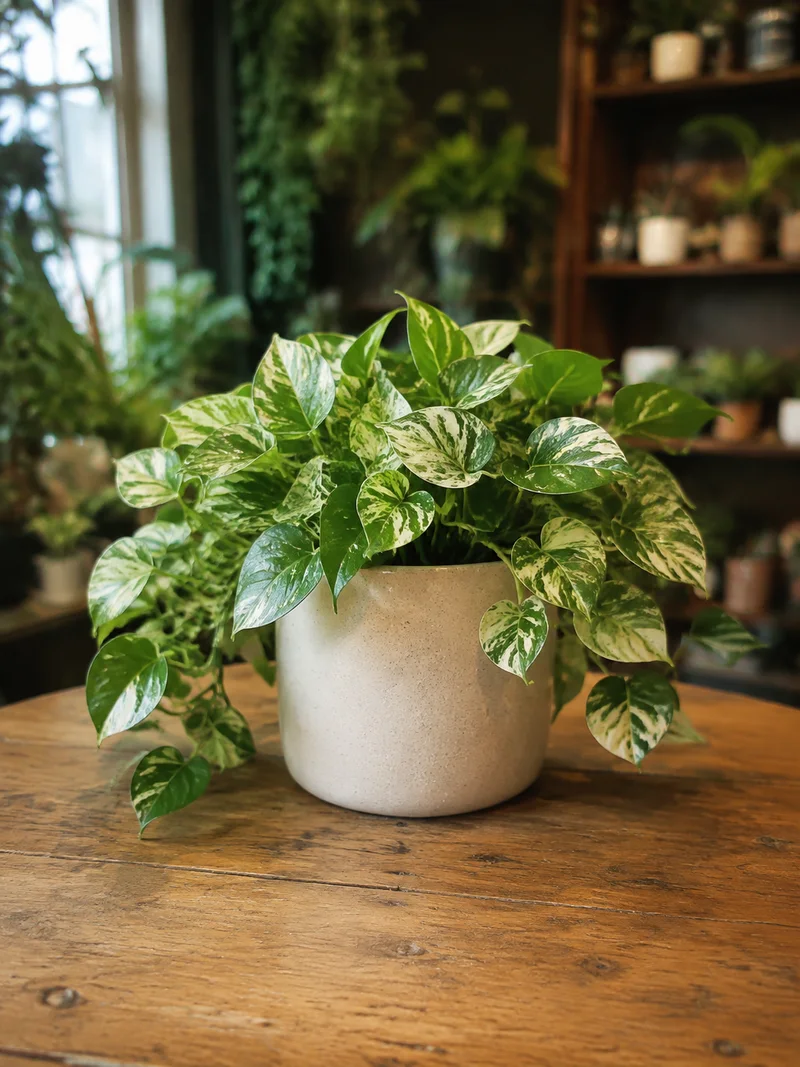 A variegated pothos in an ivory ceramic pot on a wooden plant-shop counter.
