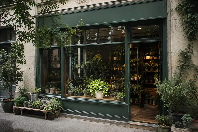 A forest-green neighborhood plant shop with a window full of plants and an open doorway.